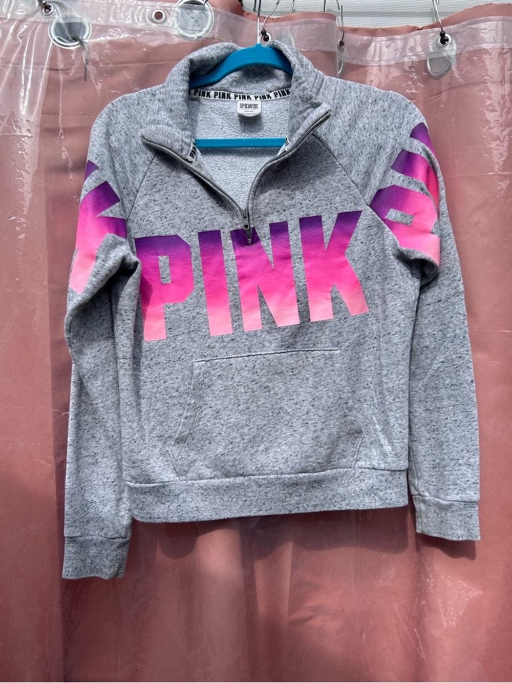 PINK Gray Quarter-Zip Pullover with Pink Ombre Logo sz M